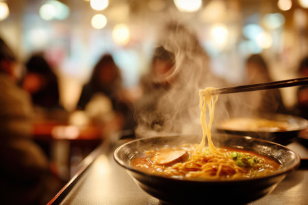 chinese ramen noodle with hot pot on table in restaurantの素材