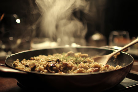 Pilaf with mushrooms in a pan. Selective focus.の素材