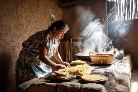 Unidentified Indian woman making chapati at her home.の素材