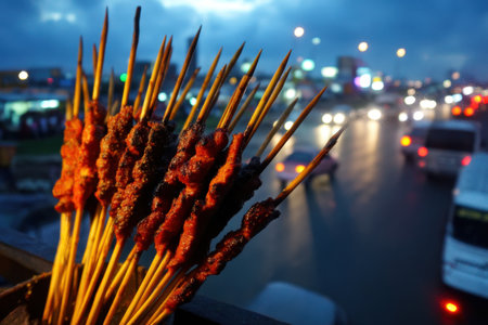 Grilled chicken skewers on the street at night. Street food.の素材