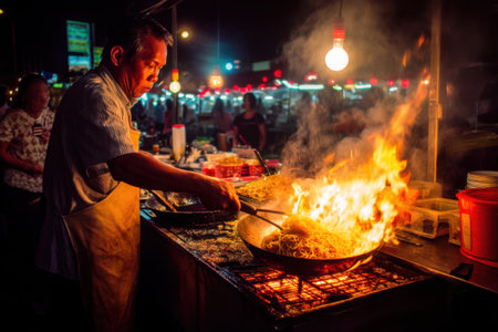 Thai street food at night in Bangkok, Thailand. The street food is a popular tourist attraction.の素材