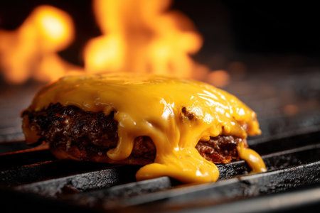 Delicious hamburger with melted cheese on a barbecue grill. Close-up.の素材