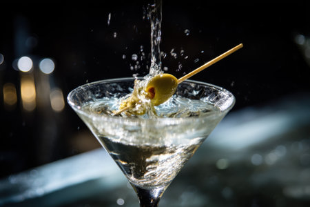 Martini cocktail with olives on a black background. Shallow depth of fieldの素材