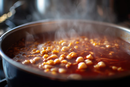 Chickpeas cooking in a pan. Selective focus.の素材
