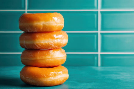 Stack of fresh donuts on turquoise background. Toned.の素材