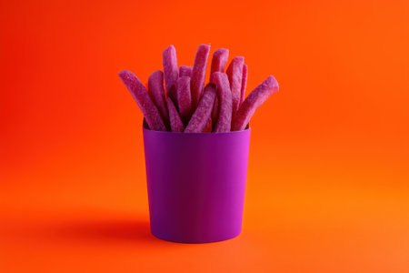 Purple french fries in a purple paper cup on orange background.の素材