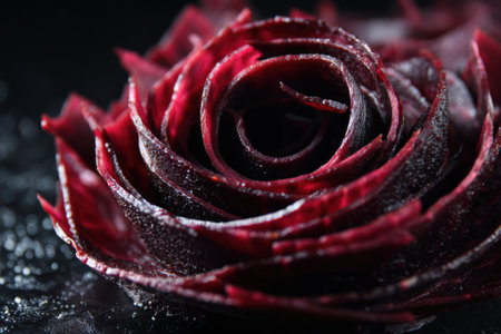 Beautiful red rose on black wooden table, close-up.の素材