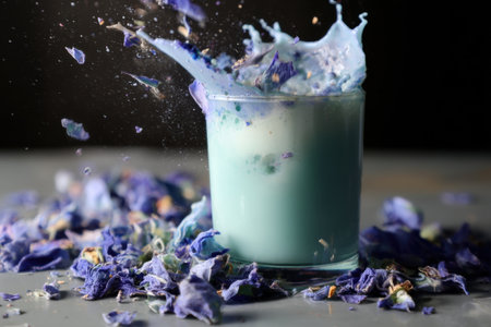 Blue butterfly pea milk shake in glass with splashes of blue flowers on black backgroundの素材