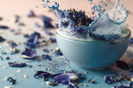 Bowl with butterfly pea powder on color background, closeupの素材