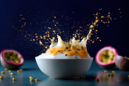 Passion fruit juice splashing out of a bowl on blue backgroundの素材