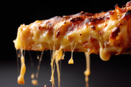 Piece of pizza with cheese and honey on a black background.の素材