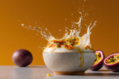 Passion fruit with yogurt splashing in a bowl on orange backgroundの素材
