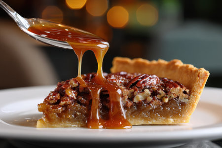 Piece of tasty pie with nuts and caramel on plate, closeupの素材