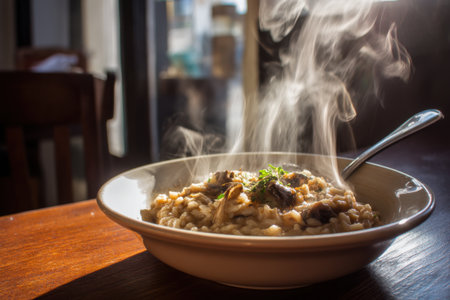 Risotto with mushrooms in a ceramic bowl on a wooden tableの素材
