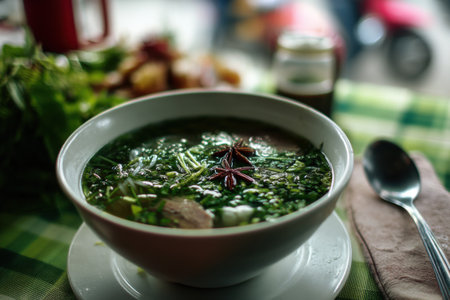 Spicy soup with herbs in a bowl on a wooden table.の素材