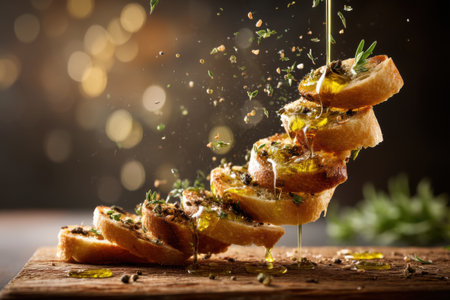 Pouring olive oil on bruschetta on rustic wooden boardの素材