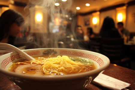 Chinese noodle soup in a bowl with chopsticks on the tableの素材