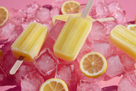Ice lollipops with lemon slices and ice cubes on pink backgroundの素材