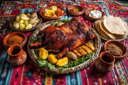 Traditional mexican dish of roasted chicken with potatoes, salad and sauceの素材