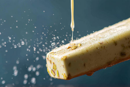 Bar of natural handmade soap on a dark background with drops of waterの素材