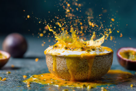 Passion fruit smoothie with passion fruit on a black background.の素材