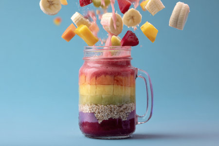 Mixed fruit smoothie in mason jar with flying ingredients on blue backgroundの素材