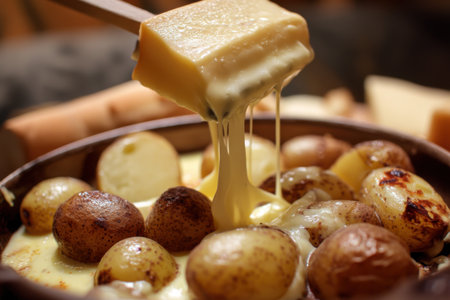 Cheese fondue with melted butter and fresh potatoes, close upの素材