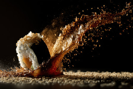 Sushi roll with rice, flying out of the water on a black backgroundの素材