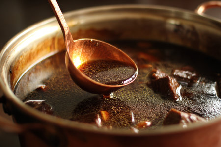Saucepan with stewed beef, close-up viewの素材