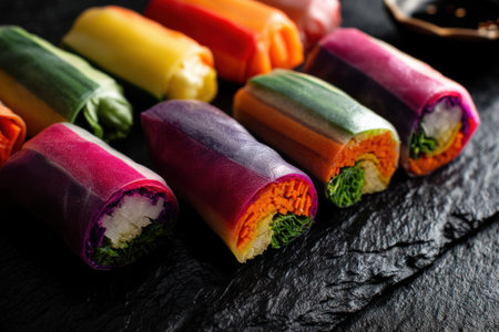 Variety of colorful spring rolls on black stone background. Selective focus.の素材