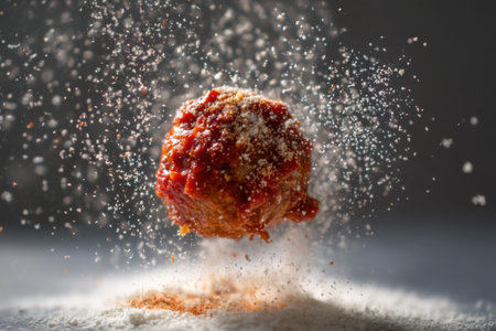 Meatballs with tomato sauce and flour on grey background, closeupの素材