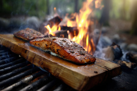 Grilled salmon steak on wooden board over campfire in the forestの素材