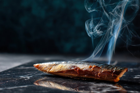 smoked mackerel with smoke on a dark background close upの素材