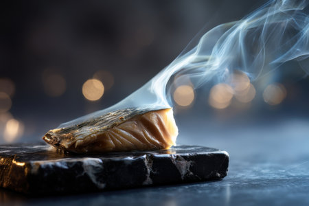 Smoke from a piece of salted fish on a dark backgroundの素材