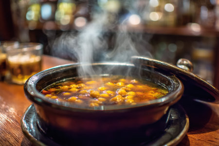 Bowl of hot soup with chickpeas on table in restaurantの素材