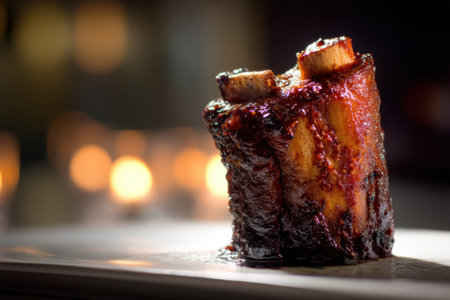 Delicious smoked pork belly with blueberry sauce on a white plateの素材