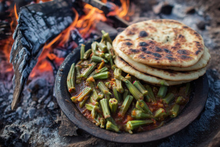 Indian food - okra with naan bread on the fire.の素材