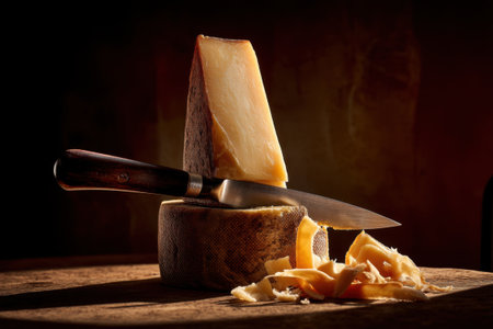 Cheese collection, piece of Parmesan cheese and knife on wooden tableの素材