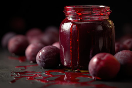 Homemade plum jam in a glass jar on a black background.の素材
