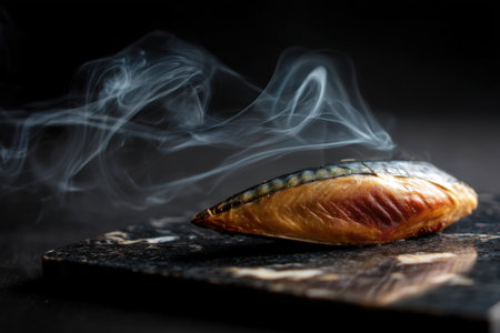 smoked mackerel on a black background with smoke and steamの素材