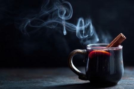 Mulled wine with cinnamon sticks and smoke on a dark backgroundの素材