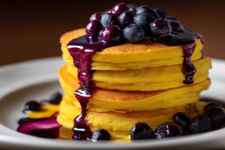 Pancakes with blueberry and raspberry sauce on a white plateの素材