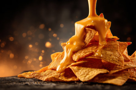 Nachos with melted cheese on a black background. Selective focus.の素材