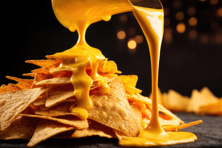 Nachos with cheese sauce on a black background. Close-upの素材