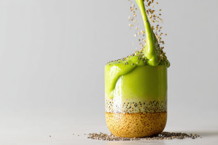 Green smoothie with chia seeds in a glass on a light backgroundの素材
