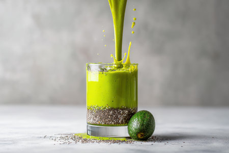 Green smoothie with chia seeds and avocado on a light backgroundの素材