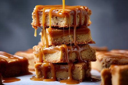 Pile of homemade caramel cakes with condensed milk, selective focus.の素材