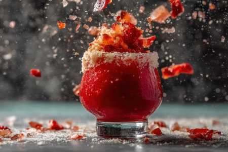 Strawberry cocktail with whipped cream and crumbs on a gray backgroundの素材