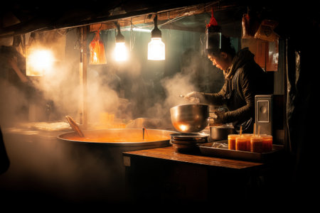Chinese street food at night in Chengdu, Sichuan Province, Chinaの素材