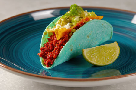Mexican tacos with guacamole, lime and lettuce on a blue plateの素材